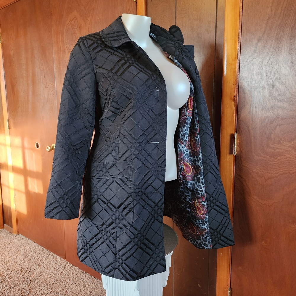 Coldwater Creek Black Patterned Trench Coat with Colorful Lining